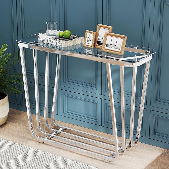 OIOG Glass Console Table for Entryway, Modern Entrance Table with Tempered Glass & Chrome Frame, Silver Sofa Table for Living Room Hallway
