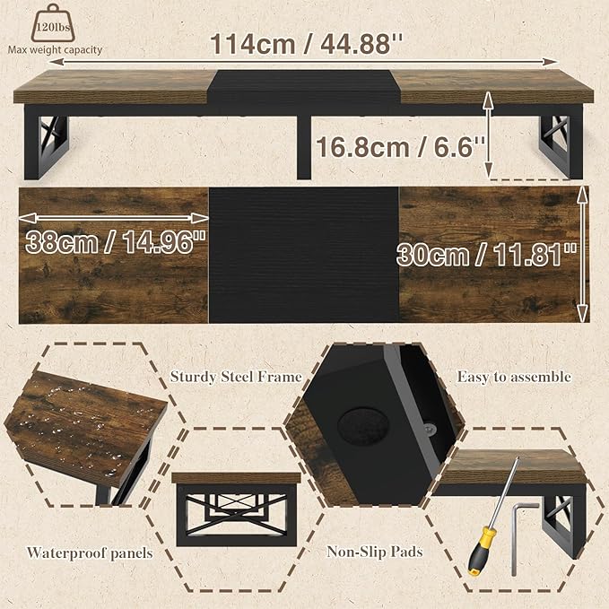 IBUYKE 45" Large TV Riser for 32-60 inch TV,Tabletop Short TV Stand with Storage and Steel Legs,Dual Screen Office Desk,Stand Riser,TV Riser Stand for Home,Bedroom,Living Room,Rustic Brown TVT002H
