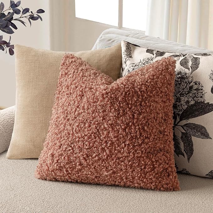 Foindtower 2 Pieces 24x24 Inch Dusty Pink, Faux Fur Throw Pillow Cover Accent Sherpa Furry Pillow Covers Fuzzy Soft Pillowcases Cozy Sheepskin Decorative Fleece Cushion Case for Bed Couch Living Room