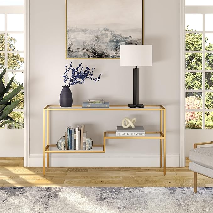 Henn&Hart 55" Wide Rectangular Console Table in Brass, Entryway Table, Accent Table for Living Room, Hallway