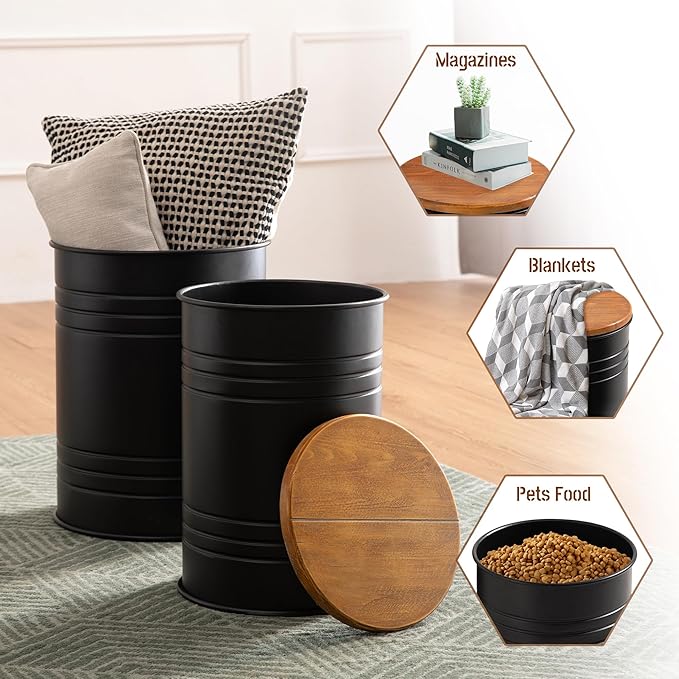 Glitzhome Farmhouse Accent Side Table, Metal Storage Stool Ottoman with Round Lid - Galvanized Coffee Cocktail End Tables Set of 2 for Living Room Bedroom, Black