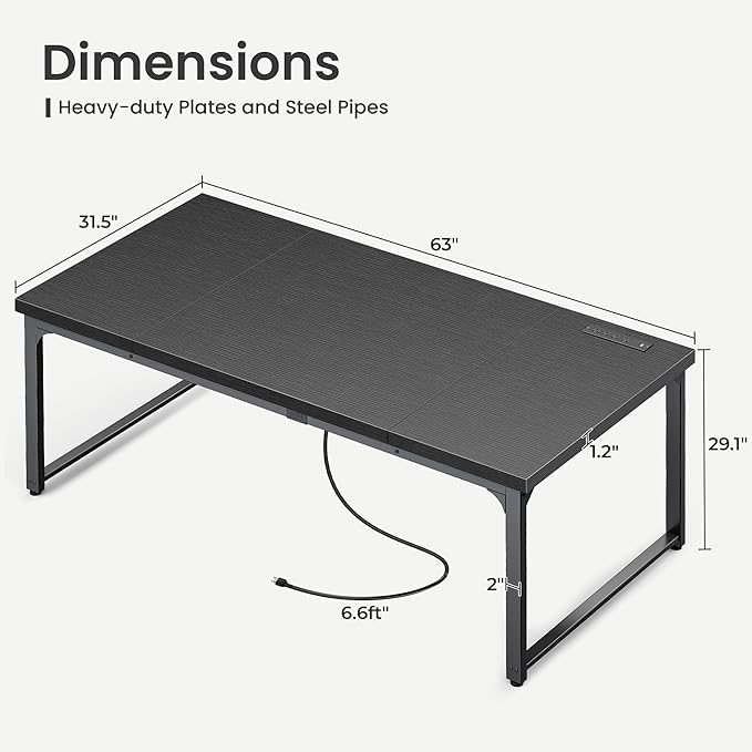 Huuger 63 x 31.5 inch Desk with Power Outlets & USB-C, 1.2 Inch Thicker Desktop, Robust Metal Tubes, Deep Computer Desk, Heavy Duty Office Work Desk, for Home Office, Black