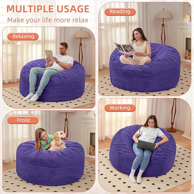 HABUTWAY Bean Bag Chair 3Ft Luxurious Velvet Ultra Soft Fur with High Rebound Memory Foam Bean Bag Chairs for Adults Plush Lazy Sofa with Fluffy Removable Sponge 3' (Purple)