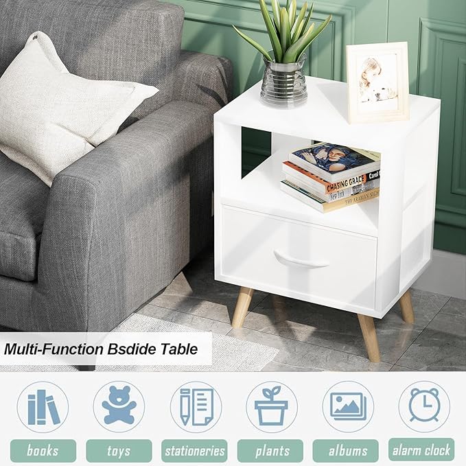 Night Stand, White Kids Nightstand with Drawer, Nursery Side Table with Open Storage, 2-Tier Modern End Table, Bedside Table for Small Space, Living Room, Bedroom