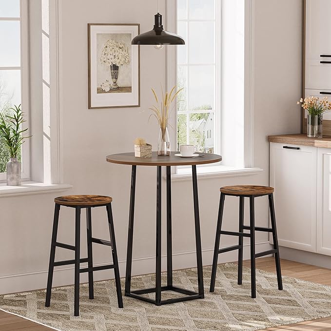 Bar Stools, Set of 2 Round Bar Chairs with Footrest, 24.4 Inch Kitchen Breakfast Bar Stools, Industrial Bar Stools, Easy Assembly, for Dining Room, Kitchen, Rustic Brown BAHR0201Z