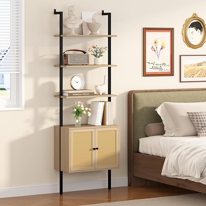 Yusong 73" Tall Bookshelf with Cabinet, Industrial Ladder Wall Mount Shelf Rattan Bookcase with Wood and Metal Frame, Plant Shelf Wall Storage Display for Living Room Bedroom,Light Ivory Brown