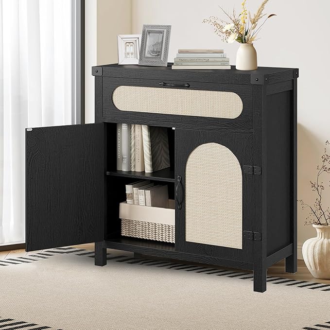 IDEALHOUSE Rattan Cabinet with Drawer, Sideboard with Synthetic Rattan-Accent Doors, Adjustable Shelves, Buffet Cabinet for Living Room Dining Room, Black
