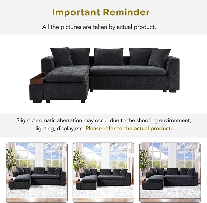 Merax 93.7" L-Shaped Sectional Sofa with Wooden Storage Compartment, Chenille Upholstered Deep Seating Sleeper Couch & Chaise Lounge and Throw Pillows for Living Room, Black