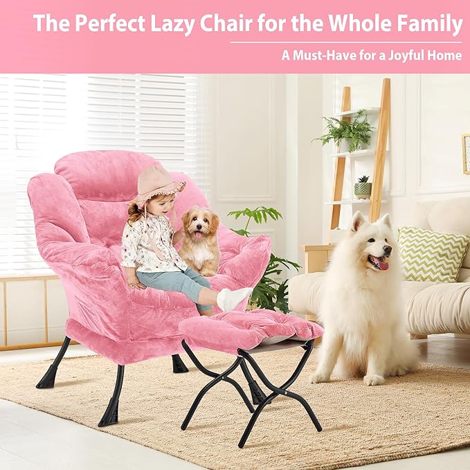 Lazy Chair with Folding Ottoman, Accent Chair Plush Upholstered with Metal Structure and Non-Slip Pads, Sofa Armchair with Footrest and Side Storage Bag for Dorm, Room, Office, Pink