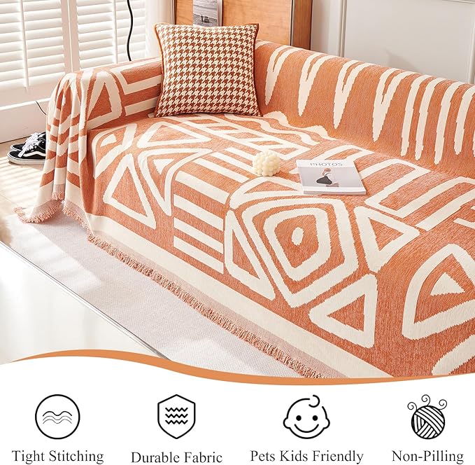 STACYPIK Thick Warm Orange Sofa Cover Armchair Slipcover Boho Geometric Couch Cover for Sectional Sofa Caramel Loveseat Cover Anti-Slip Chenille Couch Protector for 2 Cushion Couch Home Decor-71X102IN