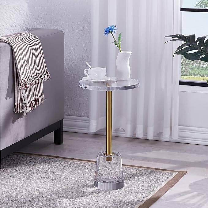 LIKENOW Furniture Acrylic Side Table,Clear Small Round End Table for Living Room,Bedroom,Office | Modern Nightstand with Gold Post for Drink,Food,Snack,Assembly