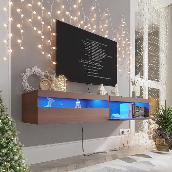Floating TV Stand with Led Lights, 71 inch Wall Mounted TV Shelf with Power Outlet, Modern Entertainment Center Media Console with Storage Cabinet, Up to 80 Inch TVS, Walnut
