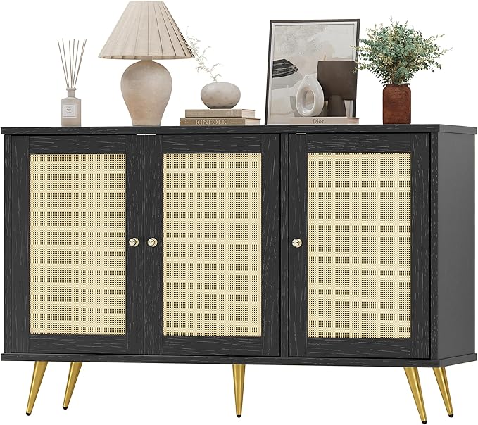 Shintenchi Large Rattan Storage Cabinet, Modern Sideboard Cabinet, Accent Large Storage Space Cabinet with Rattan Decorated Doors for Living Room, Dining Room, Black