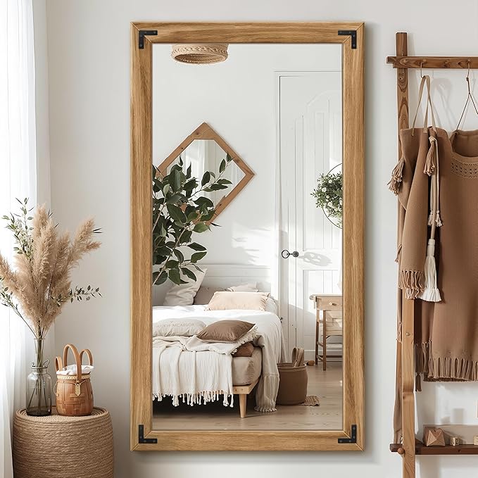 Full Length Mirror with Wooden Frame, 55"X30" Solid Wood Standing Floor Mirror for Farmhouse, Bathroom, Bedroom Decor, Hanging or Leaning Wall-Mounted