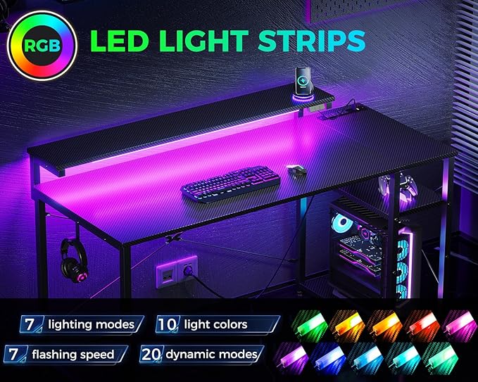 MOTPK 48 Inch Gaming Desk with Storage & Led Lights, Computer Desk with Power Outlet & Shelf, Reversible Gamer Desk with Adjustable Monitor Stand, Carbon Fiber Texture Black