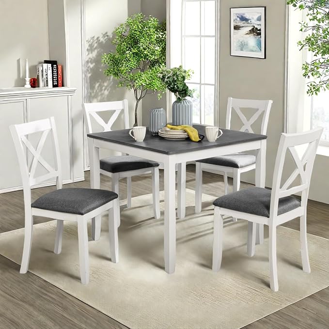 Dining Table Set for 4, 5-Piece Kitchen Table & Chairs Set with Square Table & 4 Fabric Upholstered Chairs, 34.5'' Dinner Set with X-Shaped Backrest & Non-Slip Feet for Kitchen, White&Gray
