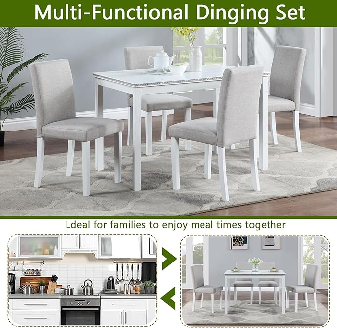 KEIKI 5-Piece Standard Height Dining Table Set with Rectangular Table and 4 Upholstered Chair, for 4 Person, Modern Crystal Decoration Wooden Table Set, Easy Assembly, for Kitchen, Dining Room, White