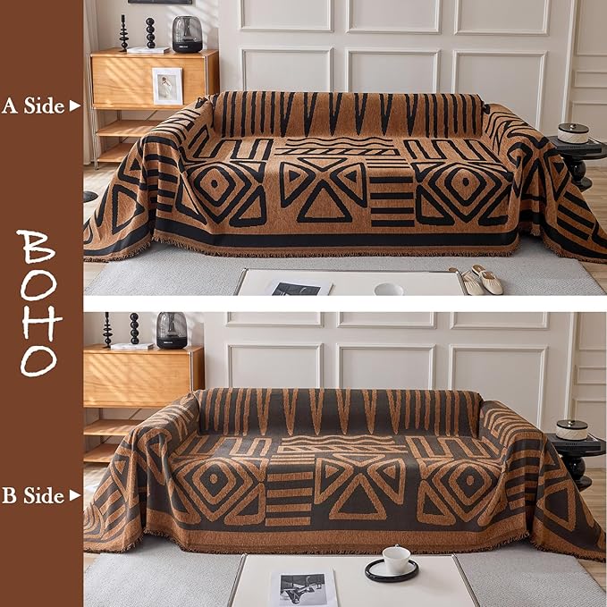 HANDONTIME Boho Geometric Couch Covers for Sofa Pet Friendly Brown and Black Sofa Covers Washable Chenille Couch Blanket Cover for 2 3 Cushion Couches Pet Protector Furniture Cover Soft, 71" X 118"