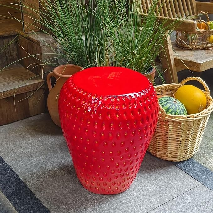 18" Red Strawberry Stool Statue Fruit-Inspired Side Table Indoor Outdoor Accent Seat Plant Stand MGO Garden Stool for Patio Balcony or Living Room Decor