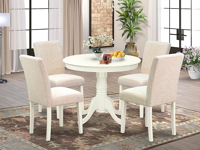 East West Furniture ANAB5-LWH-02 5 Piece Dining Table Set for 4 Includes a Round Kitchen Table with Pedestal and 4 Light Beige Linen Fabric Upholstered Chairs, 36x36 Inch, Linen White