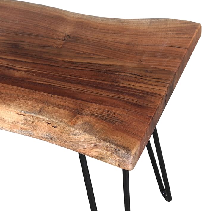 Alaterre Furniture 48” Live Edge Dining Bench – Rustic Industrial Farmhouse Solid Acacia Wood with Metal Hairpin Legs – Ideal for Dining Room, Kitchen, or Entryway