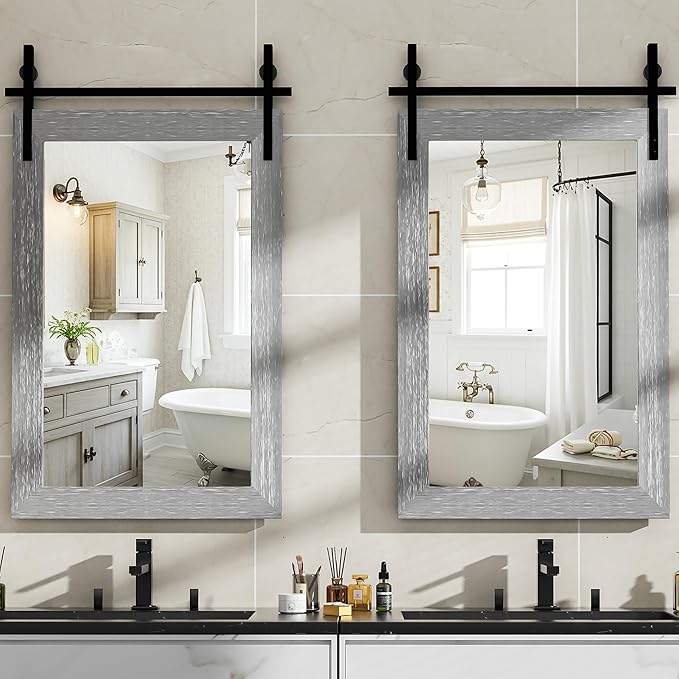 Hasipu Farmhouse Bathroom Mirror, 24"x36" Rustic Wood Framed Wall Mounted Mirror, Gray Vintage Vanity Mirror Barn Door Style Decrative Mirrors