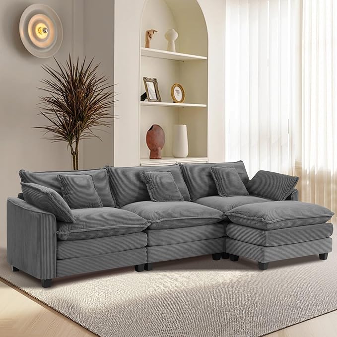 Furniliving 117‘’ L-Shaped Sofa, Luxury Corduroy Modular Sectional Couches with Ottoman, Upholstered Deep Seat Sleeper Sofa with Memory Foam and Waist Pillows, Grey