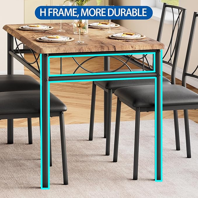 GAOMON Dining Table Set for 4, Rectangle Kitchen Table with 4 Upholstered Chairs Set for 4, 5-Piece Compact Apartment Kitchen & Dining Room Set Furniture for Small Spaces, Space-Saving, Rustic Brown
