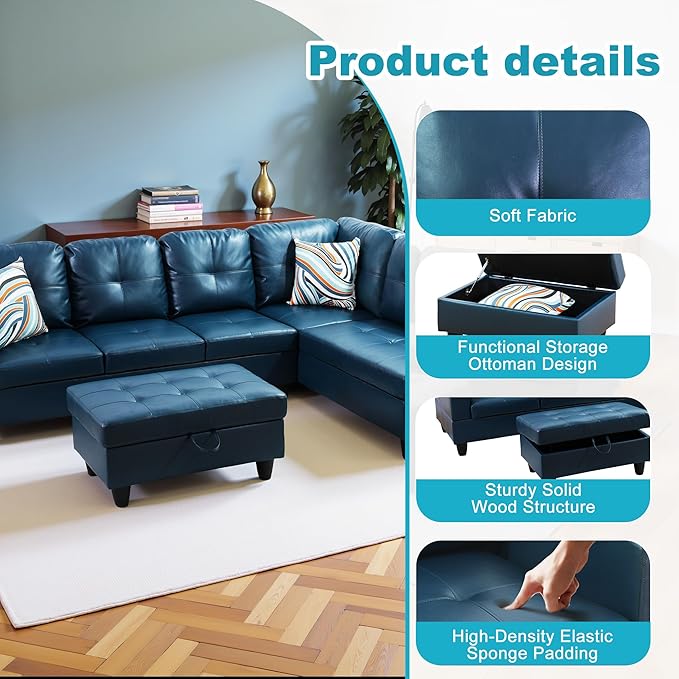 Couches for Living Room PU Leather L Shaped Couch Comfy 3 Pieces Sectional Sofa with Chaise, Ottoman with Storage for Office and Small Apartment, Peacock Blue