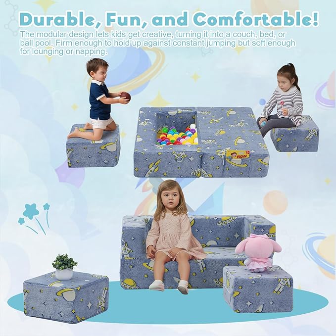 MeMoreCool Modular Kids Couch, Glow Play Toddler Couch for Bedroom Playroom, Convertible Foam Kids Sofa Bed, Fold Out Baby Sofa for Girl Boy, Denim Rocket