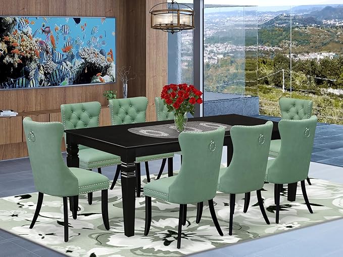 East West Furniture LGDA9-BLK-22 9 Piece Dining Set Includes a Rectangle Kitchen Table with Butterfly Leaf and 8 Polyester Fabric Parson Chairs, 42x84 Inch, Black