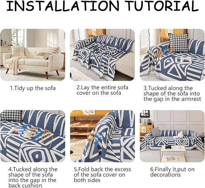 HANDONTIME Boho Couch Covers for Sofa Chenille Sofa Covers Denim Blue Sofa Cover Blanket Sectional Sofa Cover Geometric Reversible Couch Cover for L Shaped Couch Couch Protector for Dogs, 71" X150"