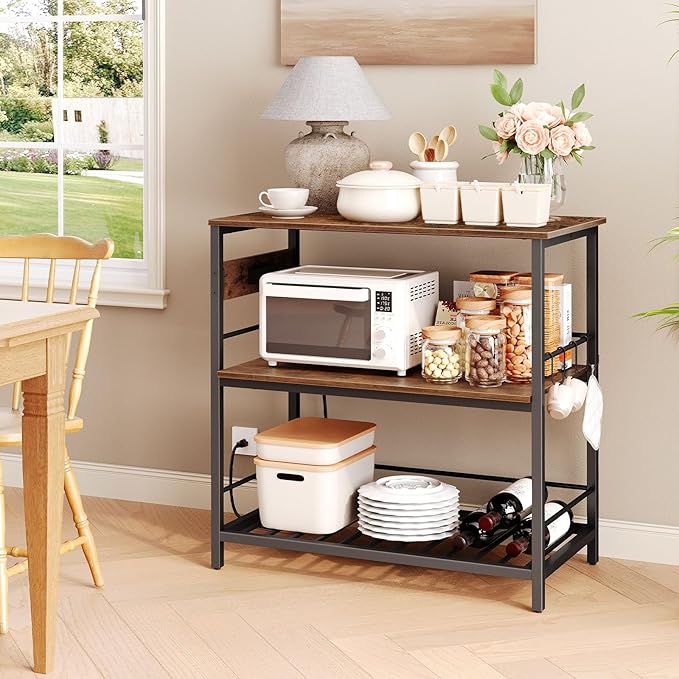 HOOBRO Kitchen Island with Storage, Kitchen Island Table with Power Outlet, 47.2" L 3 Tier Coffee Station and Microwave Stand, for Home, Kitchen and Dining Room, Rustic Brown and Black BF120UZD01