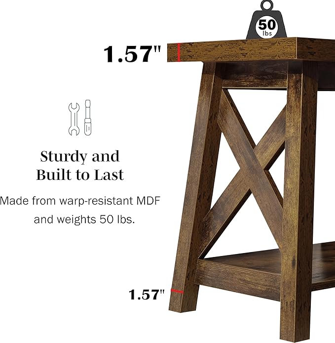 Rustic End Table, Farmhouse Side Table with Storage Shelf, Wood Side Table for Living Room, Accent Table for Small Spaces, Brown