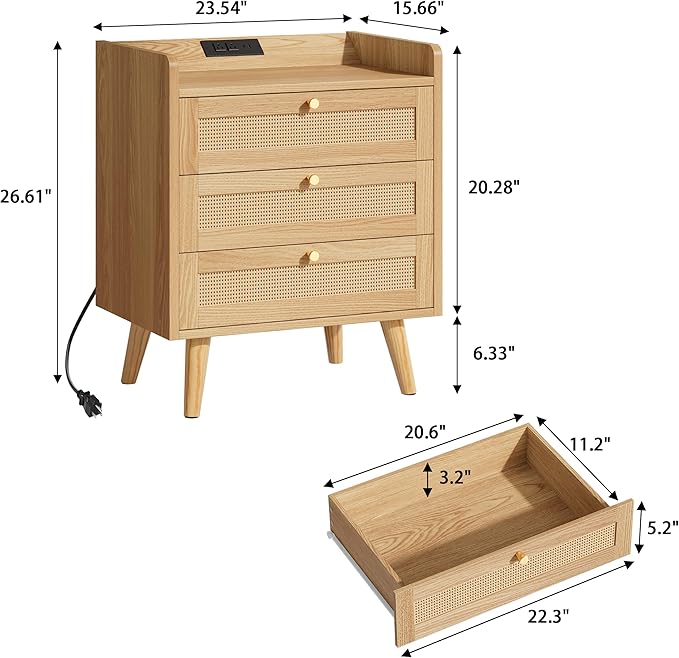 Rattan Nightstand with Charging Station, Night Stand with 3 Large Drawers, Side Table with USB Ports and Outlets, Bedside End Table for Bedroom