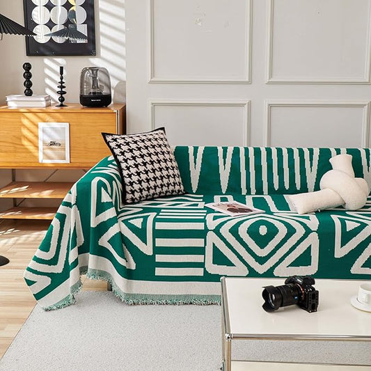 HANDONTIME Dark Green Couch Cover Boho Sofa Covers Washable Forest Green Dog Covers for Couches Reversible Couch Blanket Cover Geometric L Shaped Couch Covers for 2 3 Couch Cushion Cover, 91" X150"