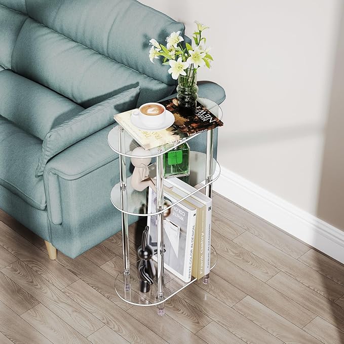 Clear Acrylic Narrow Side Table for Small Spaces, 15.75" L x 7.87" W x 24.6" H, 3 Tier Oval Slim End Table Nightstand, Small Minimalist Skinny Bedside Table for Bedroom, Bathroom, Living Room