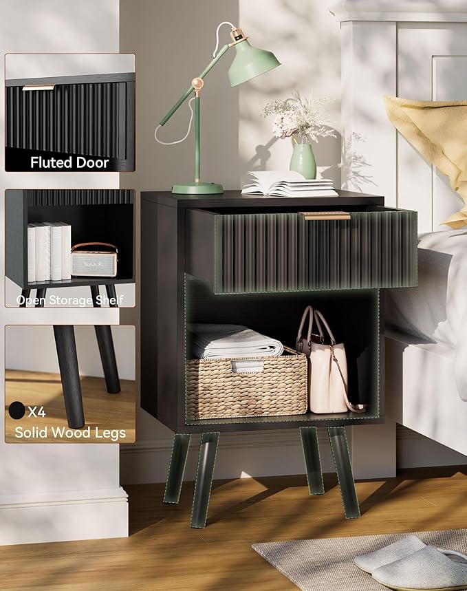 YMYNY Mid Century Modern Nightstand, Side Table, Fluted Night Stand with Drawer, Open Shelf Unit, Golden Handle, Solid Wood Legs, Bedside Table, for Bedroom, Black UHST013B