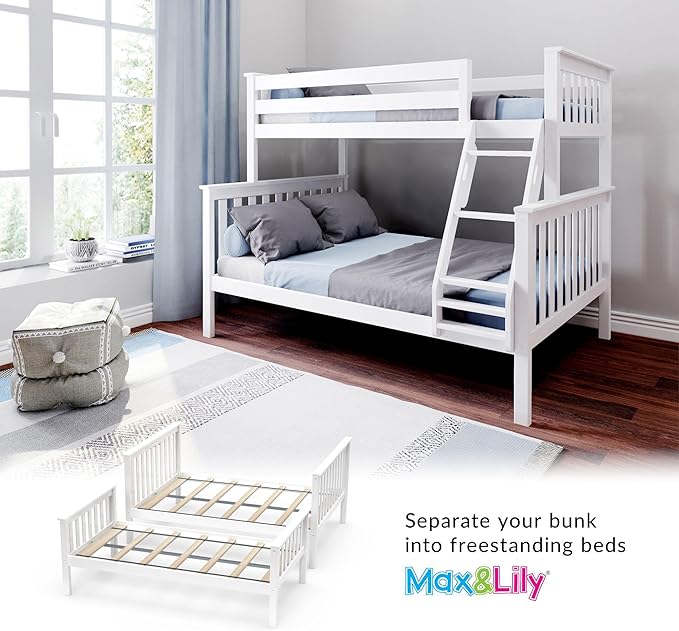 Max & Lily Bunk Bed Twin Over Full Size with Ladder, Solid Wood Platform Bed Frame with Ladder for Kids, 14" Safety Guardrails, Easy Assembly, No Box Spring Needed, White