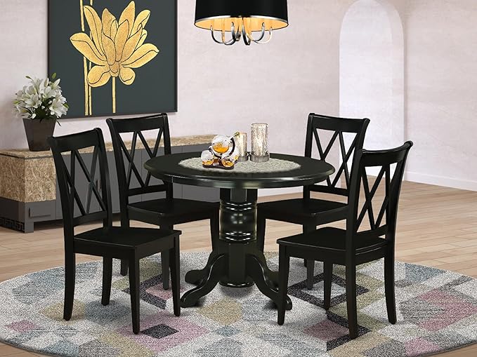East West Furniture SHCL5-BLK-W 5 Piece Dining Room Table Set Includes a Round Wooden Table with Pedestal and 4 Kitchen Dining Chairs, 42x42 Inch, Black