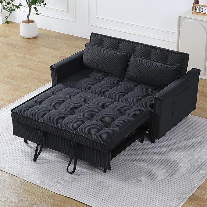 Ball & Cast Convertible Sleeper Sofa Bed,Convertible Pull Out Couch with 2 Pillows,Adjustable Backrest & Side Pocket,Loveseat Futon Sofa Bed for Living Room,Apartment,Corduroy Fabric,Dark Gray,54"