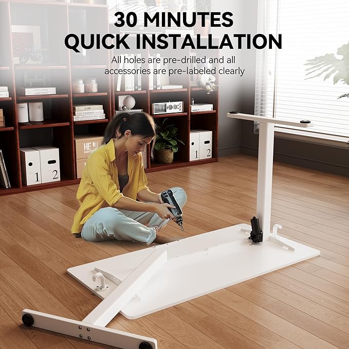 Electric Standing Desk Adjustable Height 55"x24" Stand Up Desk with Lockable Wheels Ergonomic Sit Stand Desk for for Work Office Home Computer Workstation (White)