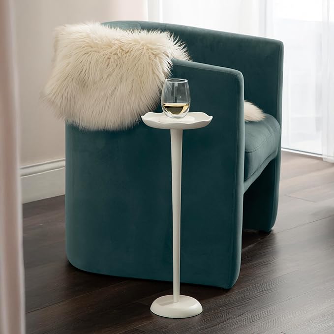 Kate and Laurel Alessia Modern Decorative Metal Drink Table, 8 x 8 x 22, White, Transitional Round Cast Aluminum Pedestal Plant Stand with Rough Texture and Wavy Scalloped Edge