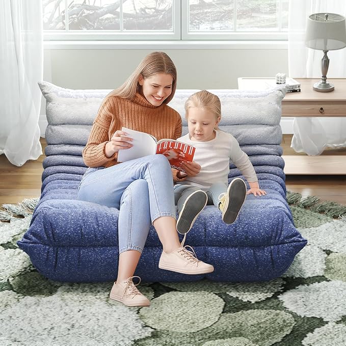 Bean Bag Chairs for Adults, Memory Foam Couch Loveseat Sofa Chair, Soft Teddy Material Cozy Comfy Reading Nook Chairs, Floor Chair for Living Room Bedroom Office(Blue-White)