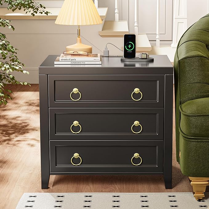 Huuger 23.6 Inch Night Stand with Charger Station and USB-C Port, 3 Drawer Nightstands Set of 2, Larger Wider Bedside Table, Modern End Table, for Bedroom, Black Nightstand