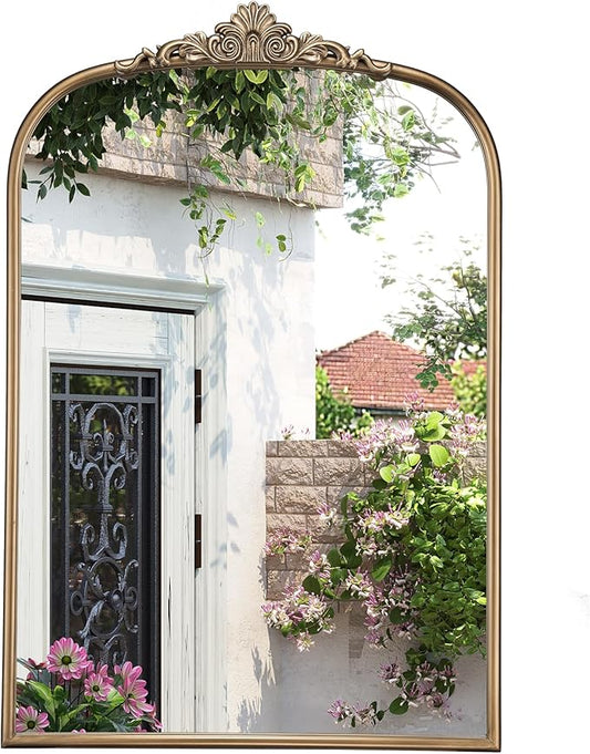 30" x 40" Antique Gold Arched Mirror for Wall, Vintage Brass Bathroom Mirror with Metal Frame, Bronze Ornate Gold Vanity Mirror for Entryway, Mantel, Powder Room
