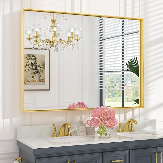 Keonjinn Gold Bathroom Mirror 48” x 36” Brushed Gold Metal Framed Mirror Rectangular Large Wall Mirror Square Corner Gold Vanity Mirror Oversized Rectangle Mirror for Over Sink(Horizontal/Vertical)