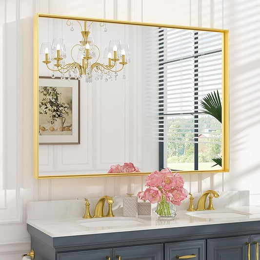 Keonjinn Gold Bathroom Mirror 48” x 36” Brushed Gold Metal Framed Mirror Rectangular Large Wall Mirror Square Corner Gold Vanity Mirror Oversized Rectangle Mirror for Over Sink(Horizontal/Vertical)