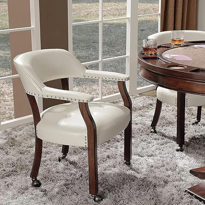 LEEMTORIG Large Dining Chairs with Casters and Arms, Rolling Dining Chairs with Wheels, Accent Game Poker Chairs, Wood Boss Caption's Chairs, 26“Dx25.2 Wx31.5“H, Cherry Legs & Ivory PU, SY-1533-WT
