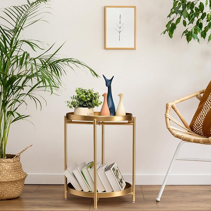 TeoKJ 2 Tier Round Side Table, Folding Metal Small Bedside Nightstand for with Two Removable Tray for Bedroom Living Room Bedside Small Spaces Gold